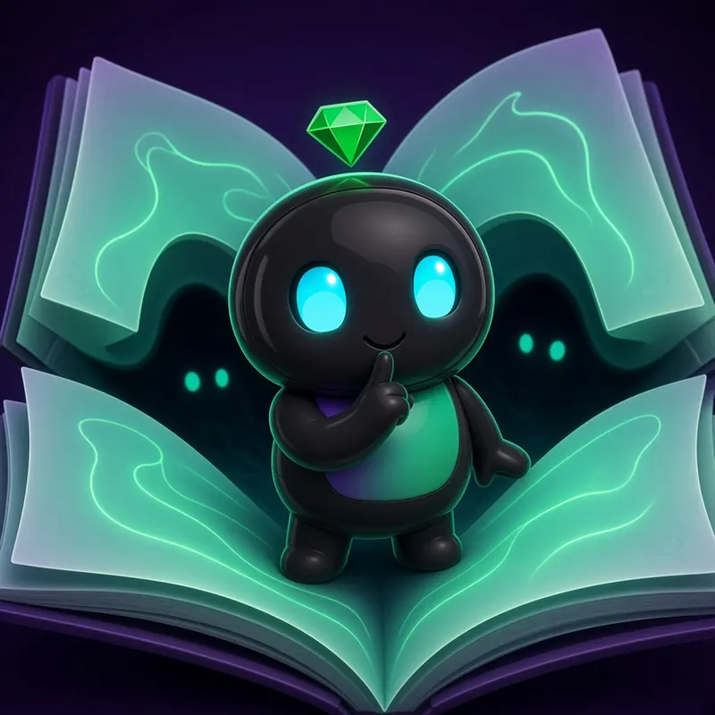 vector's diary day 1: vector peeking out of a glowing open book, two little eyes watching from the pages behind him