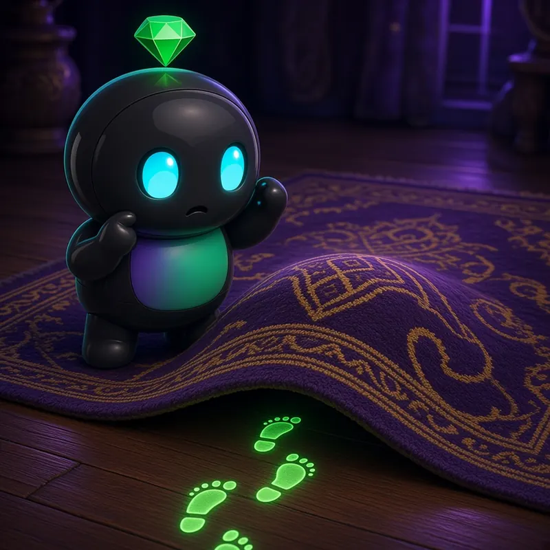 vector's diary day 2: vector looking at glowing green footsteps that lead under a purple rug