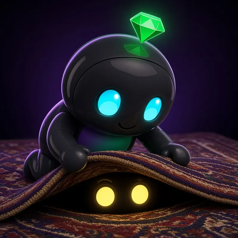 vector's diary day 3: vector lifting the rug, two yellow eyes glowing underneath