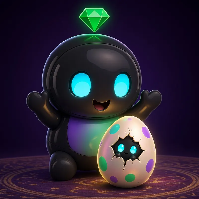 vector's diary day 5: vector happy next to a spotted egg with a little crack and cyan eyes peeking out